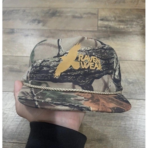 Vintage‎ 90s Realtree Camo Rope Hat Brass Strapback Raven Wear Made in Canada - Picture 2 of 7